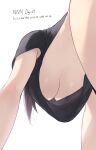  1girl all_fours black_hair black_shirt breasts cait_aron english_text from_behind from_below hanging_breasts highres large_breasts long_hair naked_shirt no_nut_november original shirt short_sleeves simple_background solo thighs underboob white_background 