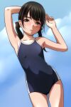  1girl absurdres armpits black_hair black_one-piece_swimsuit blue_sky blush breasts brown_eyes cloud day highres looking_at_viewer matsunaga_kouyou medium_hair one-piece_swimsuit original parted_lips sky small_breasts solo swimsuit thighs twintails 