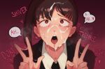  1girl absurdres ahegao bangs black_jacket black_necktie brown_hair chainsaw_man collared_shirt cum cum_in_nose cum_on_hair double_w facial gradient gradient_background hair_ornament hairclip heart heart-shaped_pupils higashiyama_kobeni highres jacket looking_at_viewer necktie open_mouth portrait red_background red_eyes shiny shiny_hair shirt solo sorapoi speech_bubble stray_pubic_hair sweat symbol-shaped_pupils teeth tongue trembling upper_teeth w white_shirt 