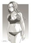  1girl bangs_pinned_back bare_arms bikini border breasts closed_mouth cowboy_shot dated glasses greyscale highres horikou kagamihara_sakura large_breasts long_hair monochrome navel o-ring o-ring_bikini sand signature solo swimsuit white_border yurucamp 