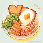  amakawa_tamawo bacon blue_background food food_focus fried_egg fried_egg_on_toast original plate salad sausage simple_background steam still_life toast twitter_username 