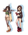  2girls arm_up bare_shoulders belt black_hair black_skirt black_socks boots breasts brown_eyes brown_footwear brown_hair brown_shorts character_name clenched_hands crop_top cropped_sweater earrings elbow_gloves final_fantasy final_fantasy_vii fingerless_gloves fishnets full_body garter_straps gloves groin headband jewelry large_breasts legs long_hair looking_at_viewer low-tied_long_hair medium_breasts midriff miniskirt multiple_girls navel no_panties open_mouth red_eyes red_footwear red_gloves ribbed_sweater shirosu shirt short_hair shorts shuriken single_fishnet_legwear single_thighhigh skirt sleeveless sleeveless_turtleneck smile socks suspender_skirt suspenders sweater tank_top taut_clothes taut_shirt taut_skirt thighhighs tifa_lockhart turtleneck turtleneck_sweater unbuttoned weapon white_background white_tank_top yuffie_kisaragi 
