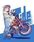  1girl artist_name bangs baseball_cap belt black_footwear blue_belt blue_headwear blue_pants boots dirtbike engine english_commentary ground_vehicle hair_behind_ear hat highres logo minibike mixed-language_commentary motor_vehicle motorcycle original pants pink_hair sapo_(saaaapo_po) shadow tide_(detergent) v vehicle_focus 