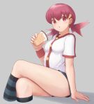  1girl arm_support bangs blush breasts buttons commentary_request crossed_legs cup disposable_cup drinking_straw eyelashes hair_ornament hairclip hand_up highres hiyoshipow holding holding_cup jacket long_hair pink_eyes pink_hair pokemon pokemon_(game) pokemon_hgss short_shorts short_sleeves shorts sitting socks solo striped striped_socks twintails white_jacket whitney_(pokemon) 