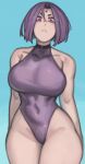  1girl absurdres bangs bare_shoulders blue_background blush breasts closed_mouth collarbone colored_skin commentary curvy dc_comics forehead_jewel grey_skin highres kelvin_hiu large_breasts looking_at_viewer one-piece_swimsuit parted_bangs purple_eyes purple_hair purple_one-piece_swimsuit raven_(dc) short_hair simple_background solo standing swimsuit teen_titans thick_thighs thighs 