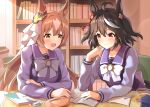  2girls ahoge animal_ears black_hair blush bookshelf breasts brown_hair closed_mouth commentary_request hair_ornament highres horse_ears kitasan_black_(umamusume) medium_breasts multiple_girls notebook open_mouth satono_diamond_(umamusume) school_uniform studying sunny_(20597521) tracen_school_uniform umamusume yellow_eyes 