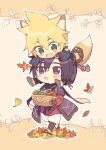  2boys animal_ears blonde_hair blue_eyes blue_hair blush blush_stickers coat food fox_ears fox_tail ginkgo_leaf green_eyes kagamine_len kaito_(vocaloid) leaf maple_leaf multiple_boys pants short_hair short_ponytail sinaooo smile tail vocaloid 