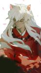  1boy animal_ears bead_necklace beads blurry blurry_foreground demon_boy dog_ears falling_petals hair_between_eyes inuyasha inuyasha_(character) japanese_clothes jewelry kimono kuku_(kuza0112) long_hair male_focus necklace orange_eyes petals red_kimono sidelocks slit_pupils solo upper_body white_background white_hair 