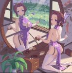  1girl animal_print backless_dress backless_outfit bare_arms brown_hair butterfly_cutout butterfly_hair_ornament butterfly_print china_dress chinese_clothes cleavage_cutout closed_mouth clothing_cutout dress floral_print garter_straps hair_intakes hair_ornament kimetsu_no_yaiba kochou_shinobu mirror print_dress purple_dress purple_eyes shiny shiny_hair short_hair shoulder_blades sleeveless sleeveless_dress smile solo thighhighs tomamo2018 white_thighhighs 