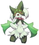  1girl body_fur fang furry furry_female green_hair hands_on_hips long_hair looking_at_viewer mask meowscarada navel open_mouth pokemon pokemon_(creature) pokemon_(game) pokemon_sv pspider_(fkse3722) red_eyes simple_background smile solo thighs white_background 