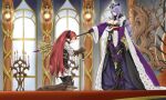  2girls absurdres armor armored_boots armored_dress black_dress black_footwear black_gloves black_horns blush book boots breasts brown_footwear brown_gloves camilla_(fire_emblem) candle cape cleavage closed_eyes closed_mouth commentary commission dress english_commentary fake_horns fire fire_emblem fire_emblem_fates fire_emblem_heroes fur-trimmed_cape fur-trimmed_sleeves fur_trim gloves hair_ornament hair_over_one_eye high_heels highres holding holding_book holding_staff holding_sword holding_weapon horn_ornament horns igni_tion indoors kneeling large_breasts long_hair multiple_girls official_alternate_costume one_eye_covered open_book profile purple_cape purple_hair purple_sleeves red_hair selena_(fire_emblem_fates) smile staff sword twintails wavy_hair weapon wide_sleeves 