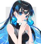  1girl aqua_nails bangs bare_shoulders black_hair black_shirt blue_eyes blue_gemstone blue_hair blue_nails breasts closed_mouth colored_inner_hair commentary earrings eyelashes fingernails gem glint hair_between_eyes hands_up highres jewelry lips long_hair looking_at_viewer medium_breasts multicolored_hair multicolored_nails nail_polish original redrawn refraction shirt sleeveless sleeveless_shirt solo sparkle sparkling_eyes turtleneck upper_body white_background zumi_(neronero126) 