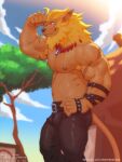  2022 armpit_hair bandai_namco beard belt blonde_hair blue_eyes bodily_fluids body_hair bonfiredemon bottomwear clothed clothing cloud digimon digimon_(species) facial_hair flexing hair hi_res jewelry leomon looking_at_viewer male mane navel necklace nipples pants plant scar sky smile solo sweat topless tree 