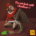  &lt;3 anthro bell bottomwear brown_body brown_fur christmas christmas_clothing christmas_headwear clothed clothing costume dragon dress female fur furred_dragon green_body green_fur hat headgear headwear hi_res holidays jingle_bell no_underwear salvatrix santa_costume santa_dress santa_hat scalie skirt solo teasing teasing_viewer text the_nameless_guy upskirt western_dragon wings 