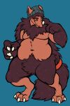  absurd_res anthro beanie belly big_hands body_hair brown_body brown_hair chest_hair chubby_male clothing facial_hair fetishame fluffy generation_5_pokemon hair hat headgear headwear hi_res male mane nintendo pokemon pokemon_(species) red_sclera solo video_games white_eyes zoroark 