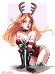  1girl artist_name bangs bare_shoulders bent_over black_choker black_gloves blonde_hair breasts choker christmas cleavage collarbone elbow_gloves gloves green_eyes highres katarina_(league_of_legends) league_of_legends leotard long_hair official_alternate_costume one_eye_closed parted_lips red_leotard red_sleeves scar scar_across_eye shinaa_(maddynshinaa) shiny shiny_hair slay_belle_katarina solo striped striped_sleeves teeth thighhighs white_sleeves 