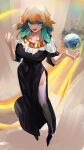 1girl absurdres black_dress blue_eyes dress earth_(planet) fate/grand_order fate_(series) firstw1 green_hair highres hololive hololive_english long_hair looking_at_viewer multicolored_hair nun open_mouth orange_hair planet sesshouin_kiara smile solo standing takanashi_kiara thighhighs virtual_youtuber white_thighhighs 