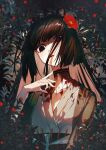  1girl bangs berry black_choker black_eyes black_hair black_kimono blood blood_on_clothes blunt_bangs blunt_ends blurry blurry_foreground camellia choker collarbone creepy_eyes empty_eyes fate/grand_order fate_(series) floating_hair floral_background flower hair_flower hair_ornament hair_over_one_eye hand_up head_tilt highres hime_cut holly injury japanese_clothes kimono komahime_(fate) light_blush long_hair looking_at_viewer obi open_mouth ota_(ota-0000) pale_skin plant red_flower sash sen_no_rikyu_(fate) slit_throat solo upper_body white_kimono 