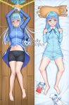  1girl animal_pillow armpits bangs bare_legs barefoot black_shorts blue_eyes blue_flower blue_hair blue_pajamas blue_shirt breasts closed_mouth clothes_lift dakimakura_(medium) fantasy feet flower hair_flower hair_ornament highres isekai_ojisan keine09 long_hair long_sleeves mabel_raybert midriff navel open_clothes open_mouth open_shirt pajamas pillow puffy_sleeves shirt shirt_lift shorts stomach 