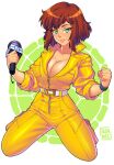  1girl 2022 animification april_o&#039;neil artist_name belt breasts brown_hair cleavage closed_mouth full_body green_eyes highres holding holding_microphone jumpsuit lips looking_at_viewer microphone seiza short_hair simple_background sitting smile solo teenage_mutant_ninja_turtles white_background yellow_jumpsuit zeshgolden zipper 
