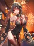  1girl absurdres aerial_fireworks azur_lane black_dress black_flower black_hair black_rose black_thighhighs breasts chen_hai_(azur_lane) chen_hai_(vestibule_of_wonders)_(azur_lane) china_dress chinese_clothes dress fireworks flower gloves highres lace-trimmed_gloves lace_trim large_breasts long_hair looking_at_viewer official_alternate_costume pelvic_curtain red_eyes rose taut_clothes taut_dress thighhighs tight tight_dress user_hxhk7342 