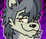  2018 anthro black_nose canid canine canis countershade_face countershade_neck countershading digital_media_(artwork) domestic_dog eyebrows fur grey_body grey_eyebrows grey_fur grey_hair hair half-closed_eyes headshot_portrait husky icon inner_ear_fluff kouya_(morenatsu) looking_at_viewer low_res male mammal messy_hair morenatsu narrowed_eyes nordic_sled_dog outline portrait purple_background simple_background smile solo spitz superkrazybones tuft video_games visual_novel yellow_eyes 