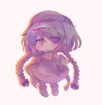  1girl apron bandaged_arm bandages bandaid bandaid_on_arm boots braid breasts chibi chromatic_aberration closed_mouth dress frown funamusea hat highres kayukiop linaria_purpurea long_hair medium_breasts multiple_wings no_nose nurse nurse_cap pink_dress puffy_short_sleeves puffy_sleeves purple_eyes purple_hair purple_pupils short_sleeves simple_background solo twin_braids waist_apron white_background wings 