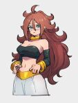  1girl android_21 blue_eyes bracelet choker dragon_ball dragon_ball_fighterz glasses grey_background jewelry kemachiku long_hair majin_android_21 midriff red_hair simple_background solo yellow_choker 