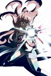  1girl absurdres arm_up bangs blue_eyes breasts cleavage firing_at_viewer floating_hair hair_between_eyes highres long_hair looking_at_viewer maria_cadenzavna_eve medium_breasts mikamikamikage open_mouth pink_hair senki_zesshou_symphogear shiny shiny_hair solo standing very_long_hair 