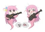  1girl bangs blue_eyes blush bocchi_the_rock! boo_(mario) cool_unc00l cube_hair_ornament electric_guitar ghost ghost_tail gibson_les_paul gotou_hitori guitar hair_between_eyes hair_ornament hair_over_eyes holding holding_instrument instrument long_hair long_sleeves mario_(series) music one_side_up open_mouth pink_hair playing_instrument simple_background sparkle white_background 