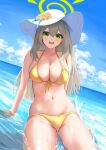  1girl arm_support bangs bikini blue_archive blue_sky breasts cleavage cloud commentary_request day flower green_eyes grey_hair hair_between_eyes halo hat hat_flower highres horizon long_hair looking_at_viewer medium_breasts navel nonomi_(blue_archive) nonomi_(swimsuit)_(blue_archive) ocean official_alternate_costume open_mouth outdoors partially_submerged sitting sky smile solo stomach sun_hat swimsuit thighs turboflower wet yellow_bikini 