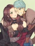  1boy 1girl ;) arm_around_neck armor black_choker black_sleeves blue_eyes blue_gemstone blue_hair blush breasts brown_hair caspar_von_bergliez choker cleavage collarbone couple dorothea_arnault dress earrings fire_emblem fire_emblem:_three_houses gauntlets gem green_eyes grey_background grin hand_on_hip hetero jewelry kh_(tanakananataka) large_breasts layered_sleeves long_hair long_sleeves off-shoulder_dress off_shoulder one_eye_closed red_dress shiny shiny_hair short_hair shoulder_armor sketch smile straight_hair 