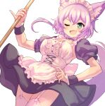  1girl animal_ear_fluff animal_ears apron broom cat_ears cat_girl cat_tail dress fang garter_belt green_eyes hand_on_hip highres maid maid_apron maid_headdress nyama one_eye_closed open_mouth purple_hair ruhuyu_(show_by_rock!!) short_sleeves show_by_rock!! smile tail thighhighs 