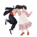  1boy 1girl black_footwear couple dress food hetero highres ice_cream licking open_mouth pink_dress ranma_1/2 red_footwear saotome_ranma short_hair simple_background teeth tendou_akane tongue tongue_out white_background yuigacyako 