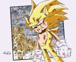  1boy animal_nose ashofourtime battle_damage clenched_hands closed_mouth dragon_ball dragon_ball_z gloves green_eyes injury male_focus parody serious solo sonic_(series) sonic_the_hedgehog standing style_parody super_sonic toriyama_akira_(style) white_gloves 