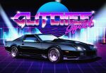  absurdres car chevrolet chevrolet_camaro english_text from_side glowing ground_vehicle headlight highres motor_vehicle no_humans original sh1m4o solo vaporwave vehicle_focus wheel 