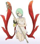  1girl barefoot blue_eyes bracelet breath_of_fire breath_of_fire_v closed_mouth dress facial_mark full-body_tattoo full_body green_hair hair_over_one_eye jewelry looking_at_viewer nina_(breath_of_fire_v) red_wings short_hair simple_background solo tattoo tayuta_(gulpgulp) weapon white_background white_dress wings 