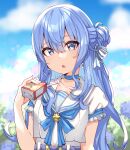  1girl absurdres apple_juice bangs belt blue_belt blue_eyes blue_ribbon blue_sky blurry blurry_background breasts cloud cloudy_sky collarbone day earrings eyelashes flower frilled_sleeves frills hair_between_eyes hair_ribbon hand_up head_tilt highres holding hololive hoshimachi_suisei jewelry juice_box lens_flare long_hair looking_at_viewer one_side_up open_mouth ribbon shiny shiny_hair shirt short_sleeves sidelocks sky small_breasts solo star_(symbol) star_in_eye symbol_in_eye upper_body valefal_coneri virtual_youtuber white_ribbon white_shirt 