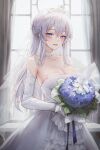  1girl absurdres bare_shoulders blue_eyes blush bouquet breasts bridal_veil cleavage detached_sleeves dress earrings elbow_gloves flower gloves hair_between_eyes highres holding holding_bouquet holding_flower indoors jewelry large_breasts long_hair looking_at_viewer meoyo original parted_lips rose sidelocks smile solo strapless strapless_dress tiara veil wedding_dress white_dress white_hair window 