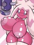  2022 areola big_areola big_breasts blush blush_lines breasts clothing female generation_9_pokemon glistening glistening_body glistening_breasts grey_eyes hair hammer hi_res holding_object holding_weapon huge_breasts humanoid legwear nintendo nipples pink_areola pink_background pink_hair pink_nipples pokemon pokemon_(species) pseudo_hair simple_background solo thick_thighs thigh_highs tinkaton tools video_games weapon white_background woebeeme 