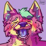 2021 ahegao anthro blush blush_lines bodily_fluids canid canine canis cel_shading colored coyote cum cum_on_face digital_drawing_(artwork) digital_media_(artwork) digital_painting_(artwork) eyes_closed fur genital_fluids green_body green_fur green_hair hair happy head_tuft headshot_portrait looking_pleasured male mammal open_mouth pink_background pink_body pink_fur pleased portrait purple_nose purple_tongue shaded simple_background sinser smile solo sweat sweatdrop teeth tongue tuft yellow_body yellow_ear_tip yellow_fur 