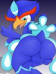  anthro balls beak blue_body blue_eyes blush butt genitals hi_res looking_at_viewer male nintendo open_mouth pokemon pokemon_(species) quaquaval simple_background solo video_games zinzoa 
