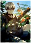  1boy artist_name black_blindfold black_footwear black_jacket black_shorts blindfold border cowboy_shot foot_out_of_frame highres jacket long_sleeves male_focus nature nier_(series) nier_automata ouka_(stan) outdoors pendant_choker short_hair shorts sitting smile solo white_hair yorha_no._9_type_s 