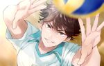  1boy aoba_johsai_volleyball_uniform brown_eyes brown_hair haikyuu!! highres looking_at_viewer male_focus oikawa_tooru_(haikyuu!!) outstretched_arms parted_lips short_hair short_sleeves solo sportswear sweat terarenai upper_body volleyball volleyball_uniform 