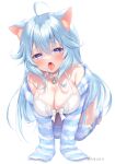  1girl ahoge all_fours animal_ears bangs blue_eyes blue_hair blush bra breasts cat_ears cleavage collarbone commentary_request gem hair_between_eyes highres indie_virtual_youtuber itsuki_jun kanase_ito large_breasts long_hair long_sleeves looking_at_viewer open_mouth purple_eyes saliva saliva_trail sidelocks solo striped striped_sweater striped_thighhighs sweater thighhighs tongue tongue_out twitter_username underwear virtual_youtuber white_bra 