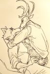  anthro antlers arms_around_neck beastars blush bodily_fluids butt butt_grab canid canine canis cervid clothed clothing duo embrace face_to_face fully_clothed half-closed_eyes hand_on_butt horn hug legoshi_(beastars) looking_at_another looking_at_partner louis_(beastars) male male/male mammal narrowed_eyes sweat wuffinarts 