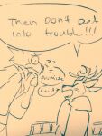  anthro antlers beastars blush bodily_fluids canid canine canis cervid clothed clothing dialogue duo english_text eyes_closed fully_clothed hi_res horn legoshi_(beastars) looking_at_another looking_at_partner louis_(beastars) male male/male mammal speech_bubble sweat text worried worried_look wuffinarts 