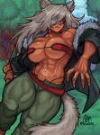  1girl abs absurdres animal_ears breasts closed_mouth dark-skinned_female dark_skin eyepatch fang fang_out forest gabriel_ales ghislaine_dedoldia grey_hair highres large_breasts long_hair muscular muscular_female mushoku_tensei nature navel pants scar solo tail thick_thighs thighs very_long_hair 
