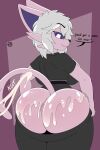  absurd_res anthro big_butt black_clothing bodily_fluids butt clothing cum cum_on_butt dialogue eeveelution espeon female generation_2_pokemon genital_fluids grey_hair hair hi_res horny_police indigo_body looking_at_viewer nintendo nr_ac onomatopoeia pokemon pokemon_(species) purple_eyes signature simple_background solo sound_effects talking_to_viewer text video_games 