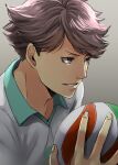  1boy aoba_johsai_volleyball_uniform brown_eyes brown_hair collared_shirt haikyuu!! holding kanameyura lips male_focus oikawa_tooru_(haikyuu!!) parted_lips shirt short_hair short_sleeves solo sportswear upper_body volleyball volleyball_uniform 